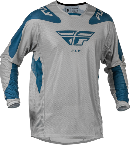 Fly Racing Kinetic Mesh Sym Jersey Grey/Blue XL – Breathable Dirt Bike Jersey with Tagless Collar and Extended Tail